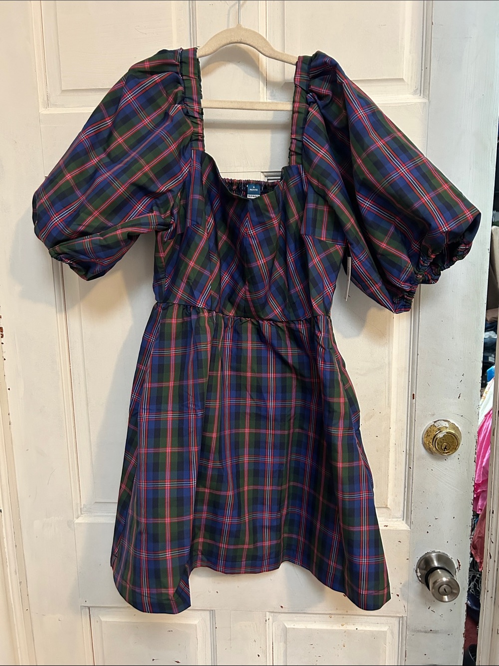 NWT Old Navy Plaid Puff-Sleeve Dress, Navy & Green,SP